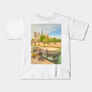 Notre Dame with restaurant on the Seine Kids T-Shirt